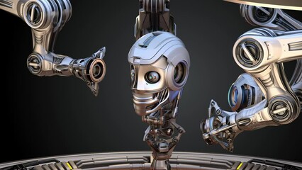 Sticker - Futuristic robot head or humanoid face under construction by mechanical assembly arms. Cyber factory isolated on dark background. 3d rendering animation with alpha