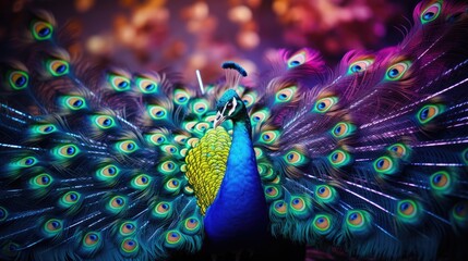 Wall Mural - A peacock with feathers spread, watercolor, gradient, vibrant colors. AI Generative