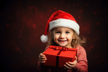 Portrait of happy little toddler girl in Christmas Santa hat holding present box looking at camera on isolated red background. Celebrating happy Christmas Xmas New Year Eve December holiday concept