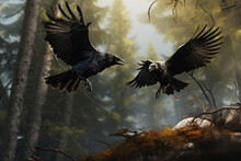 Image Of Crow Is Flying In The Forest. Birds., Wildlife Animals.