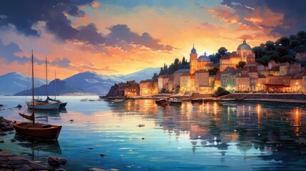 Wall Mural - A picturesque watercolor of a seaside town at sunset. AI Generative