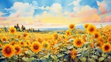 A sunflower field, watercolor, loose brushstrokes, warm tones. AI Generative