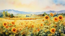 A Sunflower Field, Watercolor, Loose Brushstrokes, Warm Tones. AI Generative