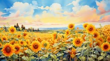 A Sunflower Field, Watercolor, Loose Brushstrokes, Warm Tones. AI Generative