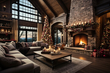 Poster - a living room with fireplace and christmas decorations on the mantles, couches, coffee table, and fire place