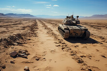 An Army Tank In The Middle Of The Desert, With Mountains In The Distance And Blue Sky Above It On A Sunny Day