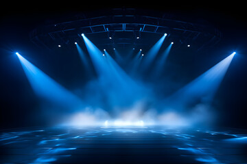 Wall Mural - Illuminated stage with scenic lights and smoke. Blue vector spotlight with smoke volume light effect on black background. Stadium cloudiness projector