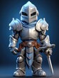 A cartoon character design of a little brave knight with a shiny silver armor, a sword, and a shield. AI Generative