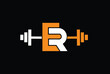 Letter E,R, ER OR RE Logo With barbell. Fitness Gym logo Vector.
