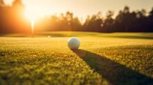 Closeup Golf Ball On Green Field, Sunset Time. Generation AI.