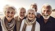 Group of happy retired old people on beach summer relax. Pensioners smiling, friendship forever concept
