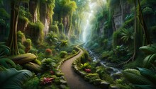 An AI Illustration Of A Scenic Jungle Filled With Lush Green Trees And Plants In The Forest