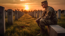 Military Man Kneeling Of Grave Fallen Soldier, Sunset. Concept Veteran Of War. Generation AI.