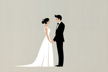Simple Minimalist Illustration Of Happy Bride And Groom Holding Hands On Grey Background
