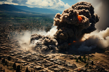 an explosion in the middle of a city with smoke coming from it and buildings on the other side of the street