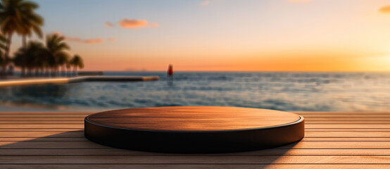 Wall Mural - A round wooden tray lies on a wooden table with a sunset on the beach in the background