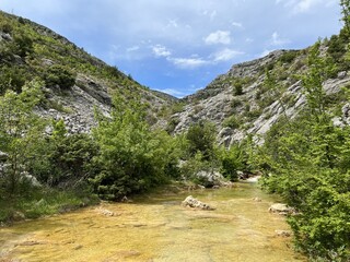 Wall Mural - The river Bijela voda or Bijeli Stream in a rugged canyon at the foot of the Przun hill, Karin Gornji - Croatia (Rijeka Bijela voda ili Bijeli potok u krševitom kanjonu podno brda Pržun - Hrvatska)