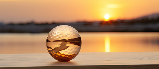 Wall Mural - A glass golf ball lies on a wooden table with a sunset on the lake in the background