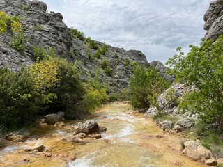 Wall Mural - The river Bijela voda or Bijeli Stream in a rugged canyon at the foot of the Przun hill, Karin Gornji - Croatia (Rijeka Bijela voda ili Bijeli potok u krševitom kanjonu podno brda Pržun - Hrvatska)