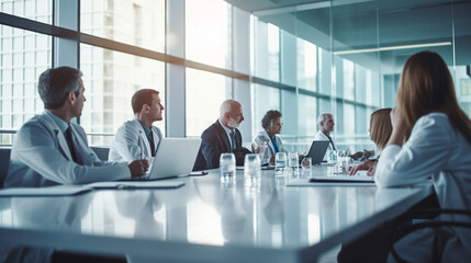 copy space, stockphoto, Medical team interacting at a meeting in conference room. Group of multiracial medical staff having a meeting in a room. Discussion in a meeting room.