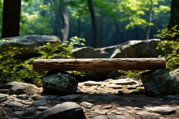 Mockup Of Old Wood And Stone Bench In Forest Backdrop