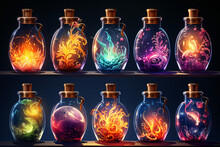 Potion Bottles With Magic Elixir And Tags, Cartoon Glass Flasks With Clover, Snowflake, Fire, Skull, Flash, Heat And Unknown Witch Poisons. Ui Game Assets, Alchemy Vials Vector Illustration, Icons Set