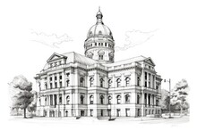A City Hall Type Building In Monotone Ink Drawing