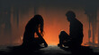Illustration of silhouette of a distant couple against an atmospheric sunset, showing emotional turmoil and relationship struggles.