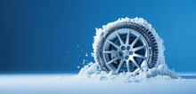 A car wheel covered in snow and ice studio shot against blue, Winter driving and travel