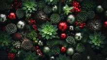 Top View Green Succulents Red Christmas Tree Ornaments And Fir Background. Succulent With Christmas Decorations Web Banner
