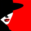Profile of young beautiful fashion woman wearing hat, minimalist vector illustration. Abstract female portrait, contemporary design in red, black, white colors