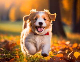 Wall Mural - Funny happy cute dog puppy running, smiling in the leaves. Golden autumn fall background