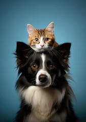 Wall Mural - dog and cat friends cat on dog's head on blue background