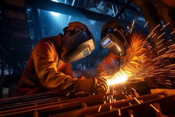 A scene of workers in protective gear welding and fabricating metal structures,  craftsmanship within industrial manufacturing environments