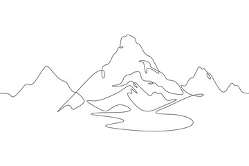 Poster - The top of the mountain range. Beautiful mountain landscape. High mountain peak. One continuous line drawing. Linear. Hand drawn, white background.