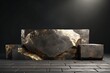 pyrite mineral natural stone rectangular podium 3d rendering. Pedestal set design for product and cosmetics photography.