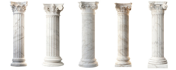 antique white greek pillar set. transparent icon set. architectural white columns ionic.