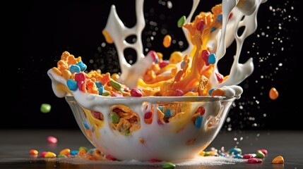 Poster - Colorful cornflakes falling into a glass bowl with milk splash. Healthy Food concept with a copy space.