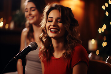 Wall Mural - beautiful woman singing into microphone in a nightclub or studio. Wonderful atmospheric picture for marketing and advertising campaigns,