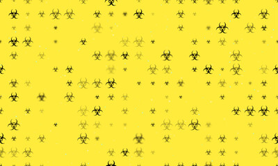 Poster - Seamless background pattern of evenly spaced black biohazard symbols of different sizes and opacity. Vector illustration on yellow background with stars