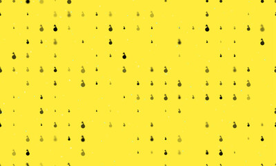 Poster - Seamless background pattern of evenly spaced black bomb symbols of different sizes and opacity. Vector illustration on yellow background with stars