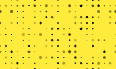 Poster - Seamless background pattern of evenly spaced black coronavirus symbols of different sizes and opacity. Vector illustration on yellow background with stars