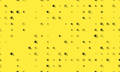 Poster - Seamless background pattern of evenly spaced black virus bounces off the shield symbols of different sizes and opacity. Vector illustration on yellow background with stars