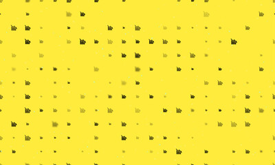 Poster - Seamless background pattern of evenly spaced black chart down symbols of different sizes and opacity. Vector illustration on yellow background with stars