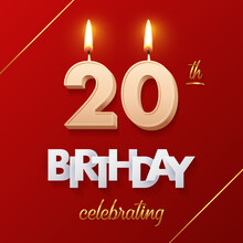 Birthday 20 Number Candles With Fire For Anniversary Vector Illustration. 3D Realistic Beige Wax Numbers Twenty With Candlelight, White And Gold Font On Red Background For Invitation, Greeting Card