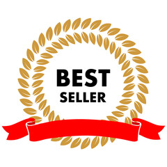 Wall Mural - best seller round golden laurel wreath with red ribbon and black text. vector circle quality badge, 