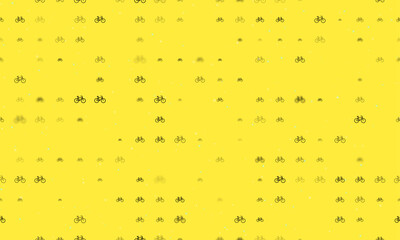 Poster - Seamless background pattern of evenly spaced black bicycle symbols of different sizes and opacity. Vector illustration on yellow background with stars