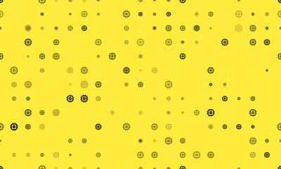 Poster - Seamless background pattern of evenly spaced black chip symbols of different sizes and opacity. Vector illustration on yellow background with stars