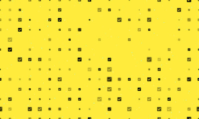 Poster - Seamless background pattern of evenly spaced black checkbox symbols of different sizes and opacity. Vector illustration on yellow background with stars