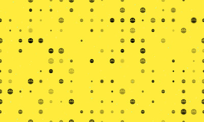 Poster - Seamless background pattern of evenly spaced black masked face symbols of different sizes and opacity. Vector illustration on yellow background with stars